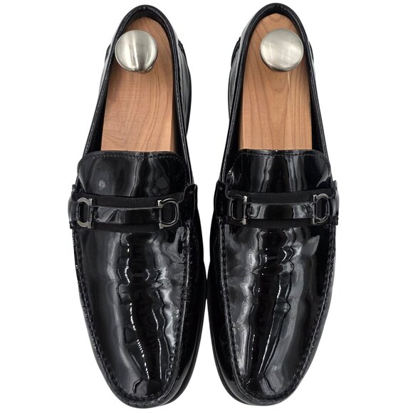 Salvatore Ferragamo Mens 8D Black Patent Leather Gancini Bit Loafers Dress Shoes